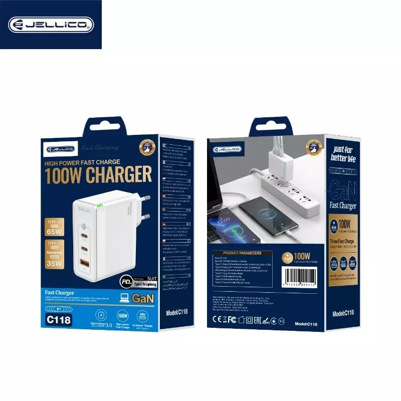 JELLICO Adaptateur secteur Triple port 2X USB-C + 1X USB (100W) JELLICO C118 (Boite/BLISTER) Blanc