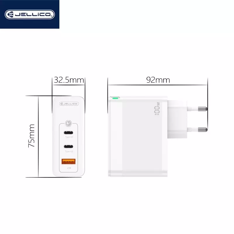 JELLICO Adaptateur secteur Triple port 2X USB-C + 1X USB (100W) JELLICO C118 (Boite/BLISTER) Blanc
