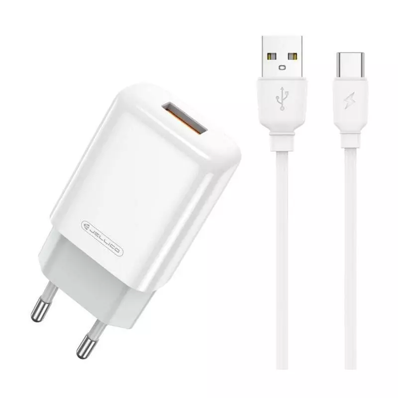 JELLICO Adaptateur secteur USB avec cable USB vers USB-C (2.4 A) JELLICO EU01 (Boite/ BLISTER) blanc